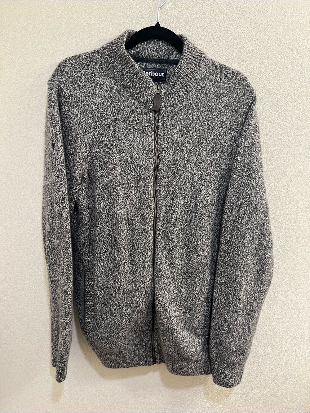 Barbour Cardigan Sweater Mens Medium Gray Full Zip Mock Neck Knit Pockets